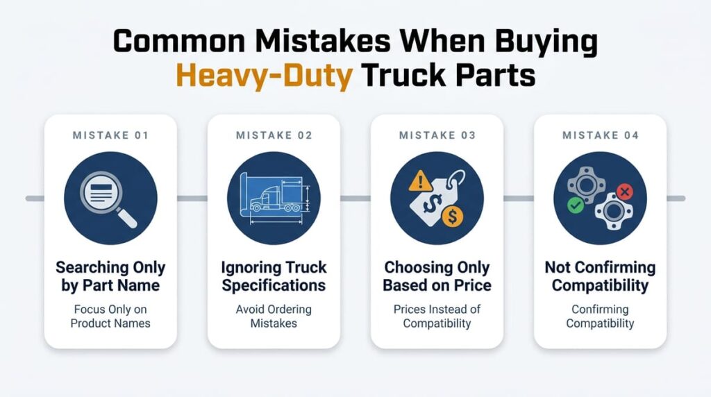 Infographic with four blue icons detailing common mistakes when selecting heavy-duty truck replacement parts.
