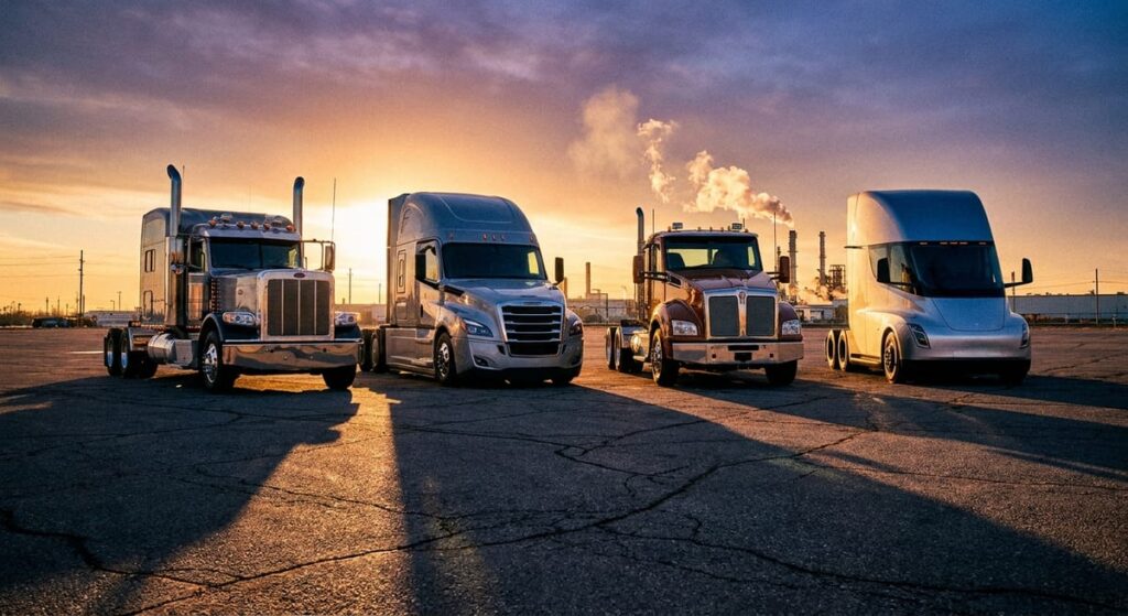 Photograph of four semi truck brands parked side by side on cracked asphalt during a golden sunset
