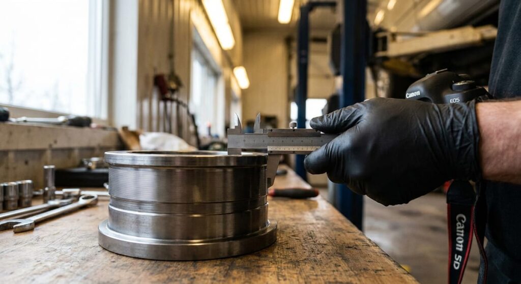 Photograph of a mechanic using vernier calipers to measure replacement metal part specifications in a workshop