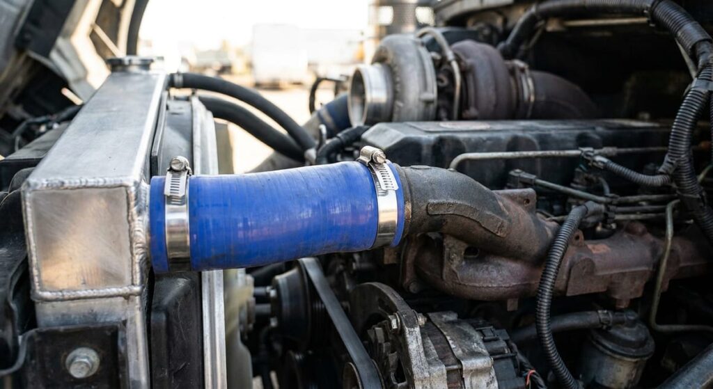 Photograph of a heavy-duty truck engine bay with a blue silicone radiator hose connected to an aluminum radiator.