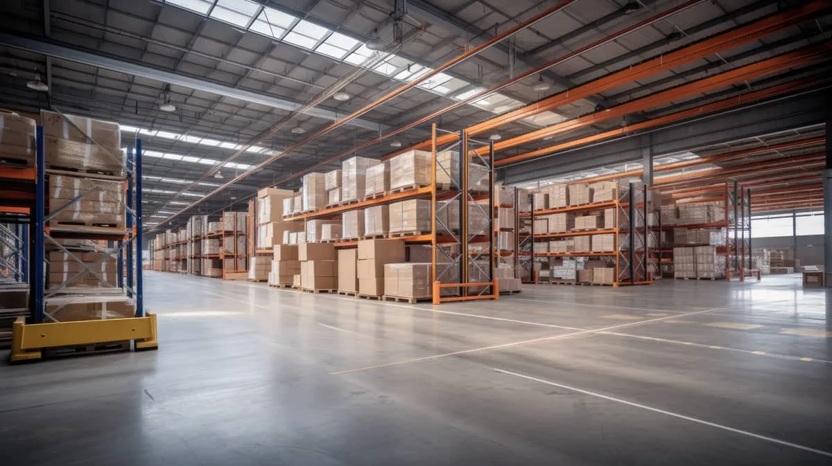 Spacious warehouse filled with stacked boxes of truck and automotive parts for quick fulfillment and shipping.