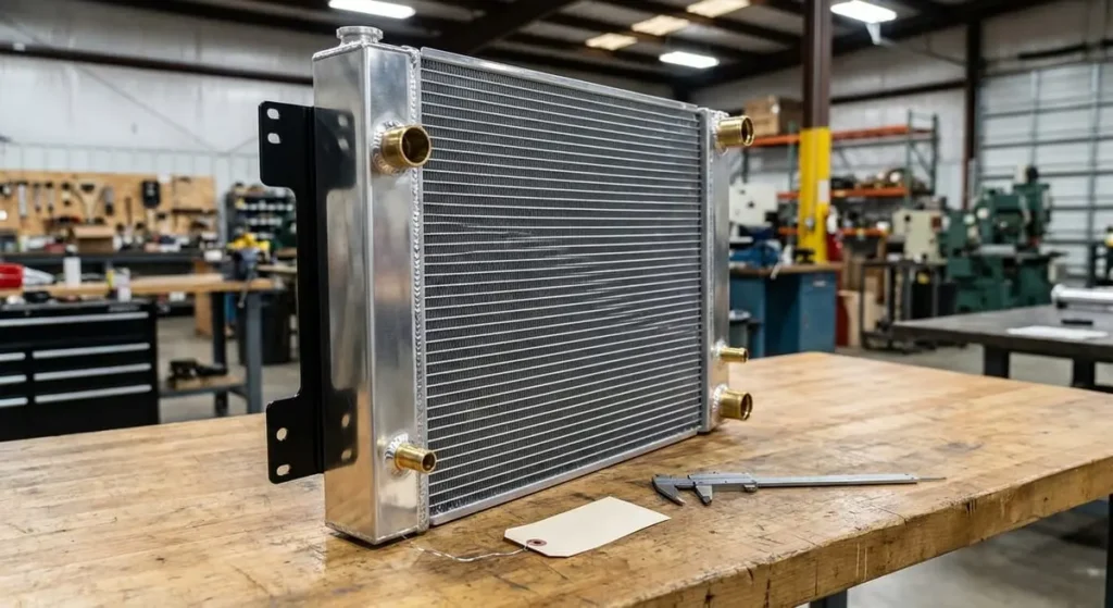 Photograph of a shiny aluminum truck radiator on a wooden workbench in a repair shop with a caliper tool