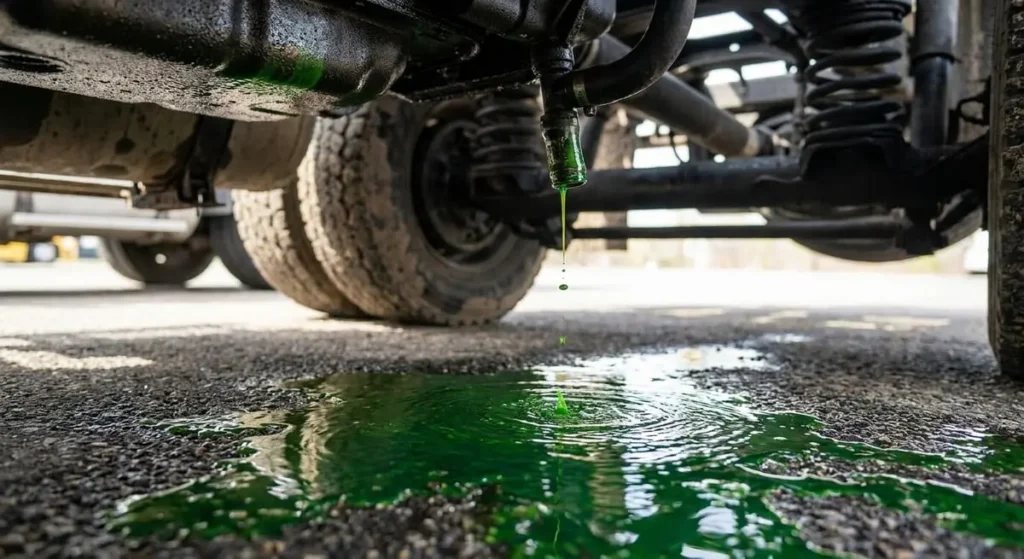 Photograph of bright green engine coolant leaking from a truck radiator hose into a puddle on asphalt.