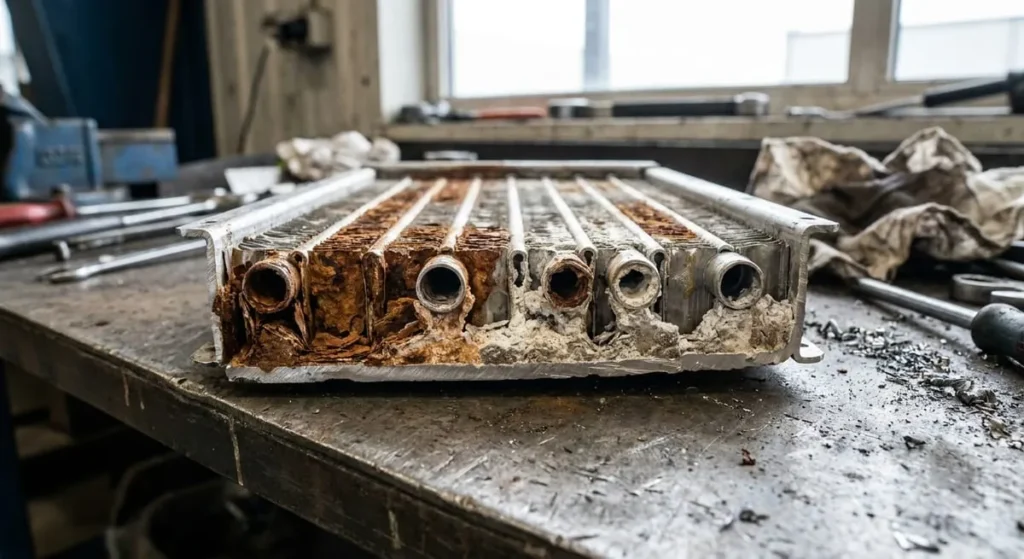 Photograph of a cutaway truck radiator core showing severe rust corrosion and internal blockage on a workbench