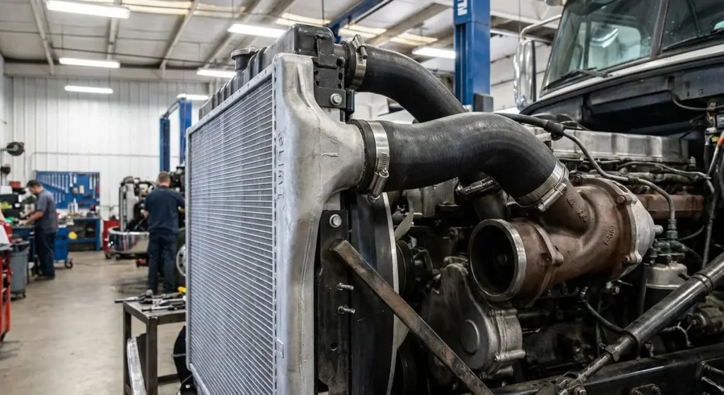 Photograph of a heavy-duty truck radiator and connected coolant hoses on a semi engine in a repair shop.