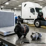 Semi-truck parts including a radiator and alternator on a repair shop workbench in front of a white semi-truck.