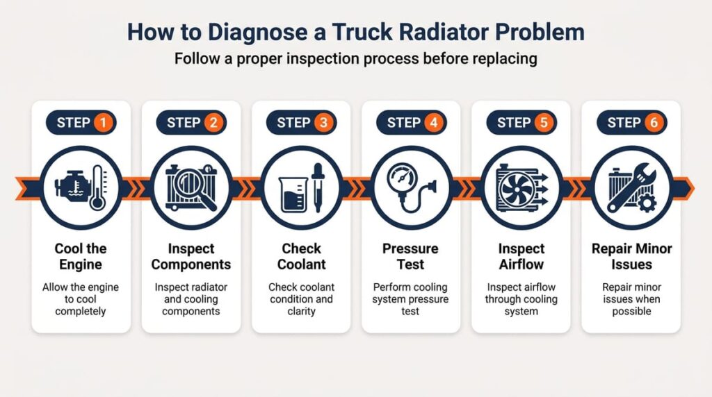 Infographic showing a 6-step inspection process for diagnosing truck radiator issues
