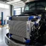 Photograph of a semi-truck's exposed engine bay with a large aluminum charge air cooler and blue silicone hoses.