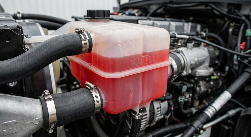 Photograph of a truck engine coolant reservoir tank filled with red antifreeze up to the cold fill line.