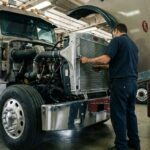 Photograph of a mechanic in a navy uniform working on a silver semi-truck radiator using a wrench.